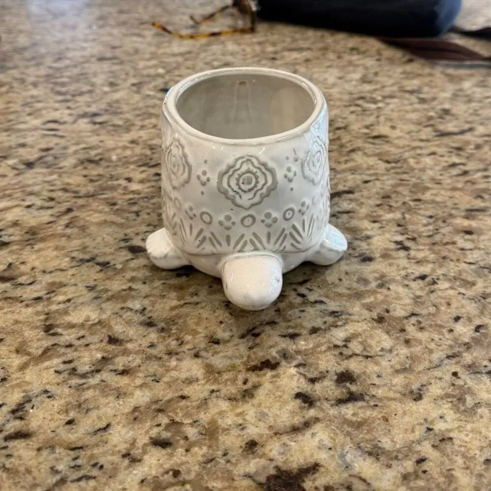 Anthropologie White Ceramic Turtle PlanterEmbossed Succulent Pot Coastal Boho